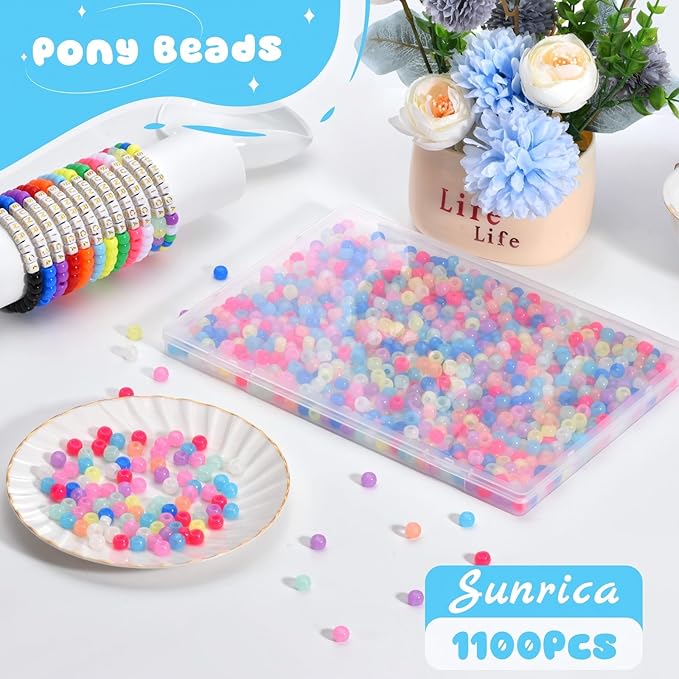 sunrica 1100pcs glow in the dark pony beads 6x9mm 9 colors large hole plastic beads for kandi, hair braids, necklaces, friendship bracelets