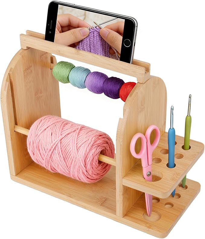 Durable Wooden Yarn Holder for Crocheting and Knitting with Built-in Phone Stand Crochet Kits for Beginners Yarn Storage Accessories Organizer Gifts for Crocheters with Dual Rods and Tool Holder