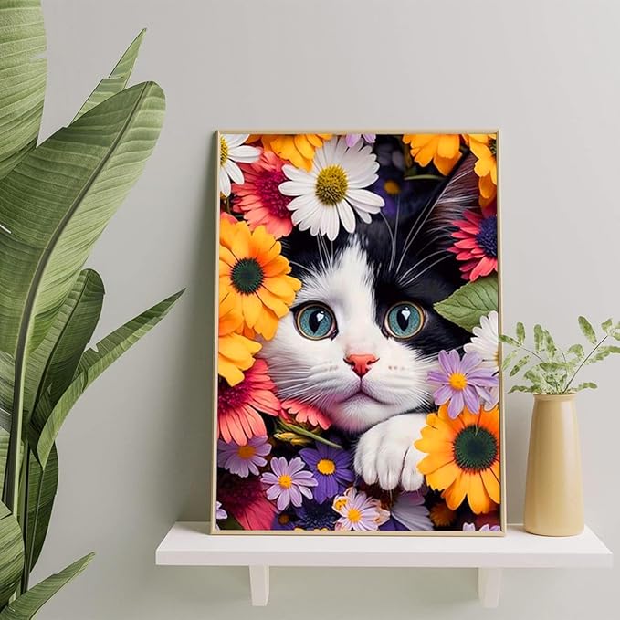 Axquilon Flower Cat Diamond Painting Kits, Full Drill Round DIY Diamond Art Kits, Paint by Diamonds Rhinestone Gem Art Craft for Home Wall Decor 12X16 inch