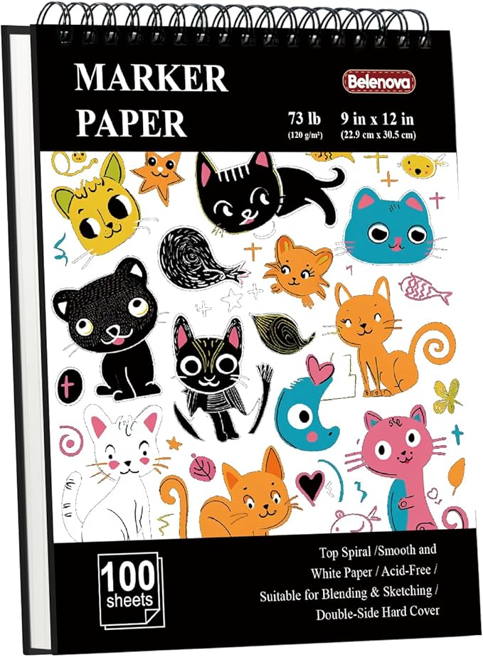belenova 9" x 12" marker paper pad, 100 sheets bleedproof sketchbook for alcohol markers - 73lb/120gsm art supplies for drawing & coloring (kids/adults).