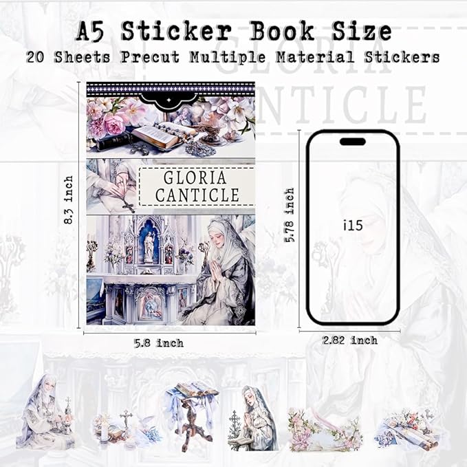 Gloria Cantical Pre-Cut Journal Sticker Book for Journaling, Scrapbook Stickers for Bullet Journals, Junk Journal Supplies, Planner, 20 Sheets A5 Size Washi, PET & Paper Collage Materials