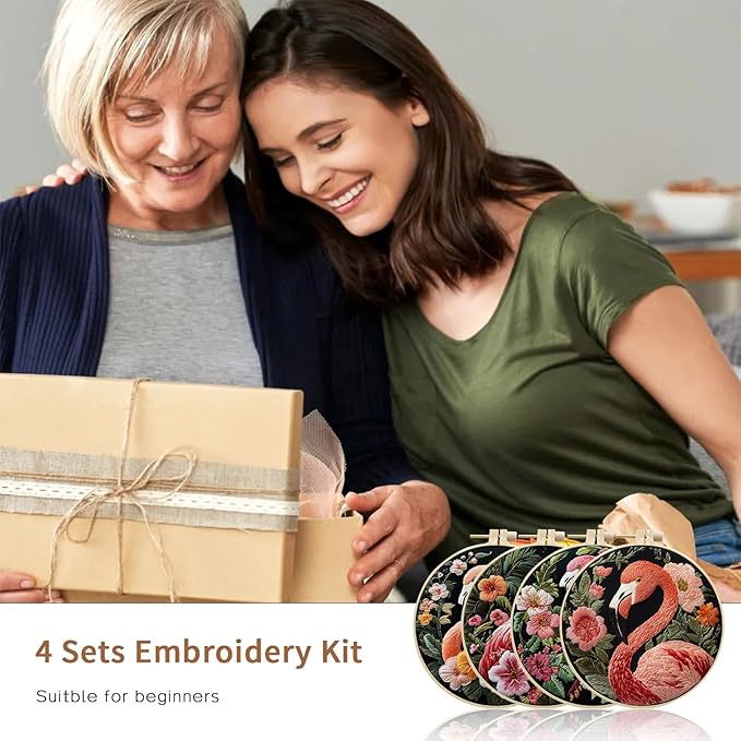 LB 4 Pack Pink Flamingo Embroidery Kit for Beginners Green Leaf Plant Beginner Embroidery Kit for Adults DIY Starter Kit with Embroidery Hoop Colorful Threads Tools Step by Step Instructions