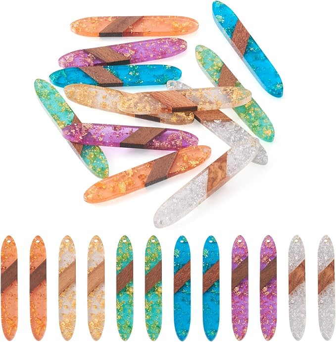 Beadthoven Transparent Long Oval Big Pendants for Jewelry Making, 12Pcs/6 Pairs Horse Eye Bar Natural Wood Charms Glittery Crystal Pendants for Women Wood Earrings Necklace Making DIY Crafts Supplies