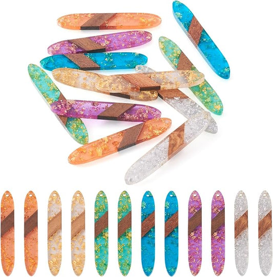 Beadthoven Transparent Long Oval Big Pendants for Jewelry Making, 12Pcs/6 Pairs Horse Eye Bar Natural Wood Charms Glittery Crystal Pendants for Women Wood Earrings Necklace Making DIY Crafts Supplies