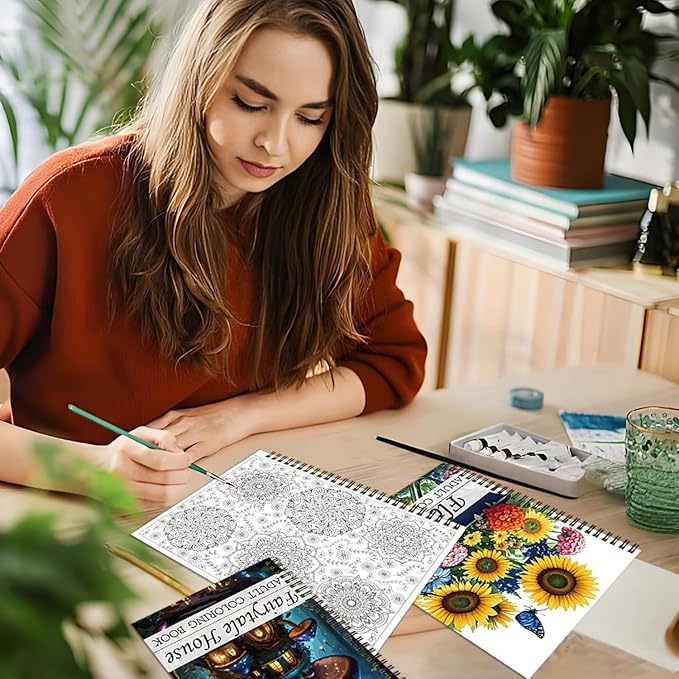 Aannanl Adult Coloring Book Set of 3 Coloring Books for Adults Relaxation Include Mandalas,Flowers and Fairytale House Theme,Color Books for Women Men to Relieve Anxiety and Stress Relief