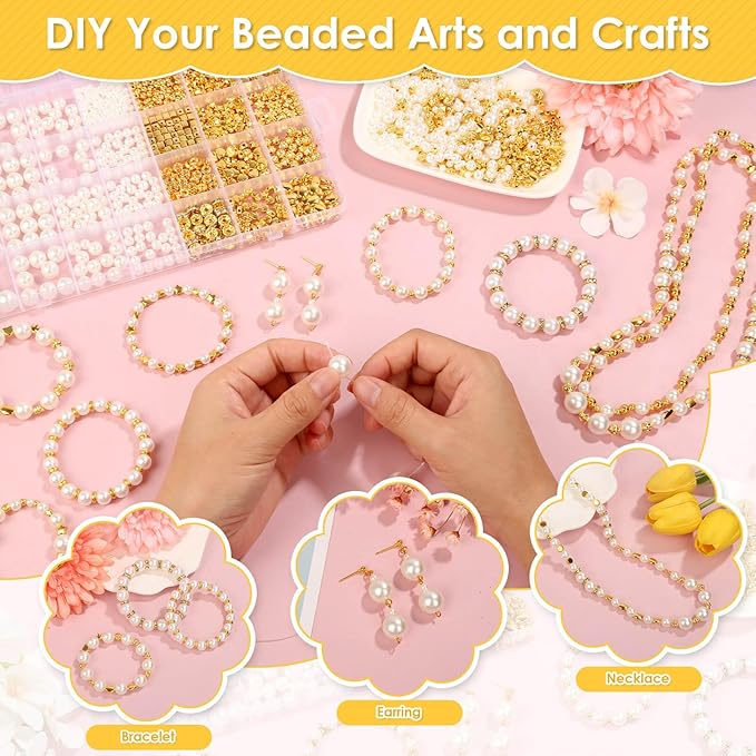 1352 Piece Gold Spacer and Pearl Beads for Bracelets, Assorted Gold and Pearl Beads for Jewelry Making