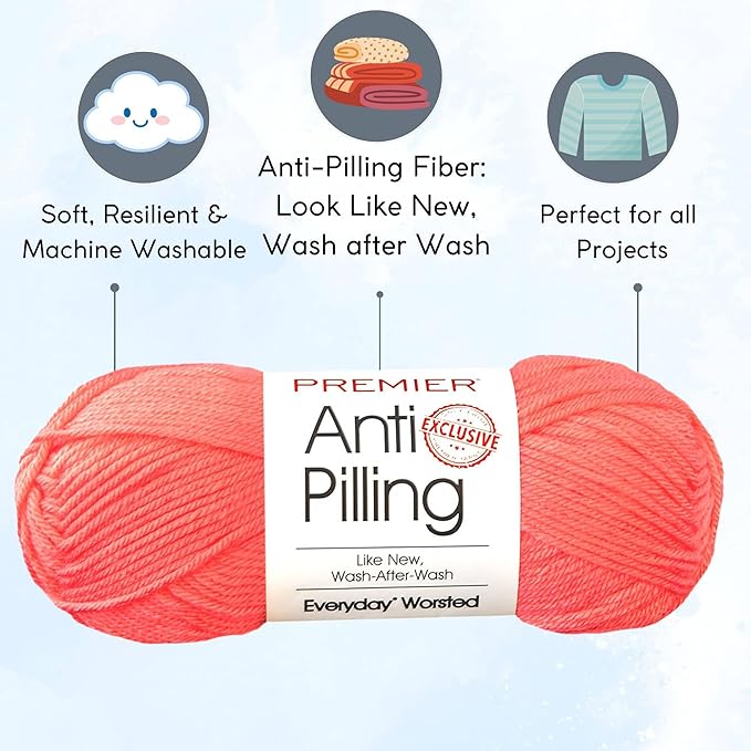 Premier Yarns Everyday Anti-Pilling Solid Coral DN100-54 (3-Skeins - Same Dye Lot) #4 Worsted Weight Acrylic Yarn for Crocheting and Knitting with Project Bag