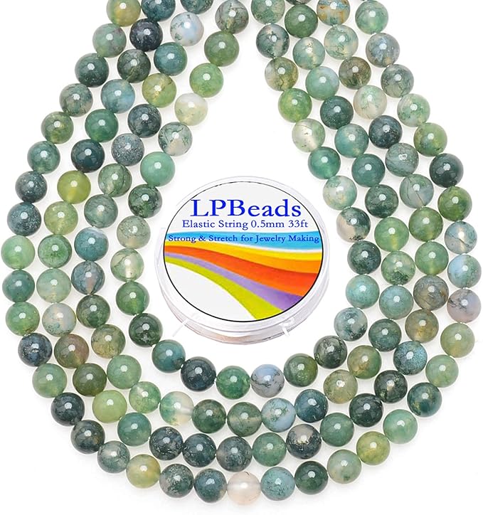 LPBeads 200Pcs Polished 6mm Round Natural Moss Agate Gemstone Loose Beads with Stretch Cord for Jewelry Making Bracelets
