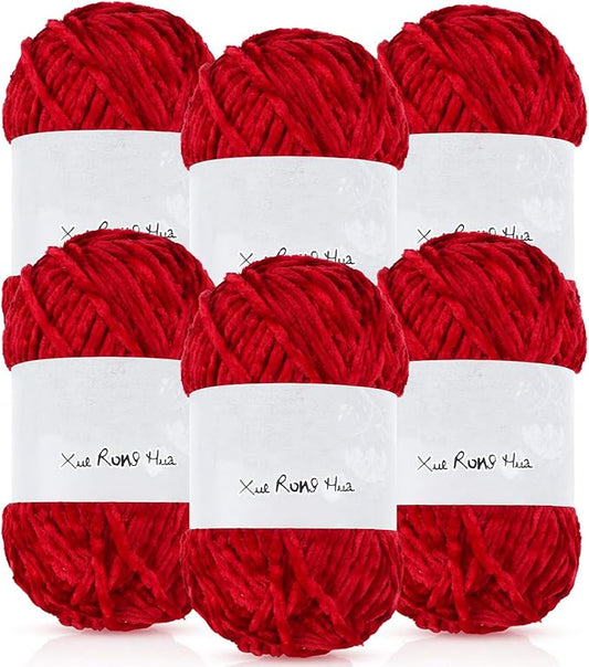 Amylove 6 Rolls Soft Velvet Chenille Yarn for Crocheting 1182 Yards Polyester Blanket Fuzzy Thick Yarn for DIY Knitting Bulky Weaving Crafts, 197 yd, 3.53 oz Each Roll(Red)
