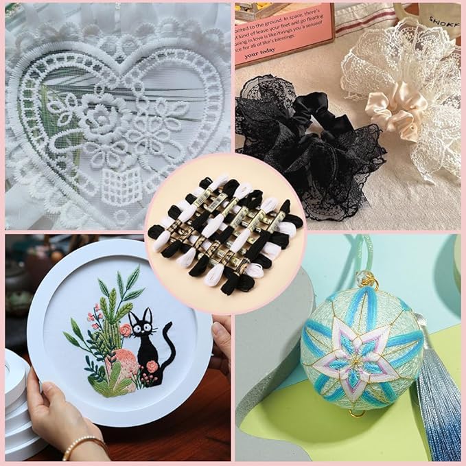 12 Skeins 105 Yards Black White Embroidery Floss Thread Bulk 6 Ply Cross Stitch Floss Variegated Friendship Bracelet String Threads for Jewelry Making Bracelet Knitting Stitch Craft Supply