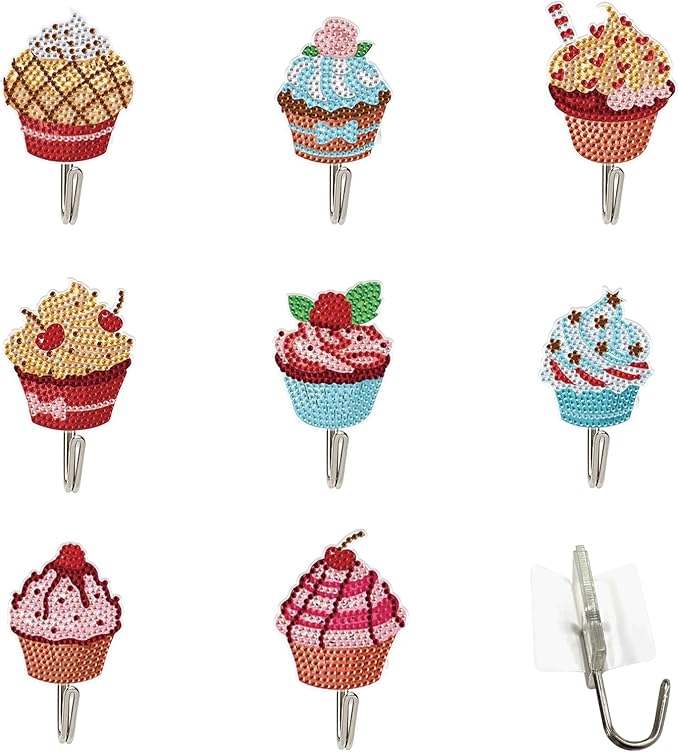 antor 8 Pcs Cupcake Diamond Art Hooks, DIY 5D Crystal Rhinestone Adhesive Wall Hangers, Cute Diamond Painting Hooks for Keys, Towels, Hats, Lightweight Clothes & Home Decoration