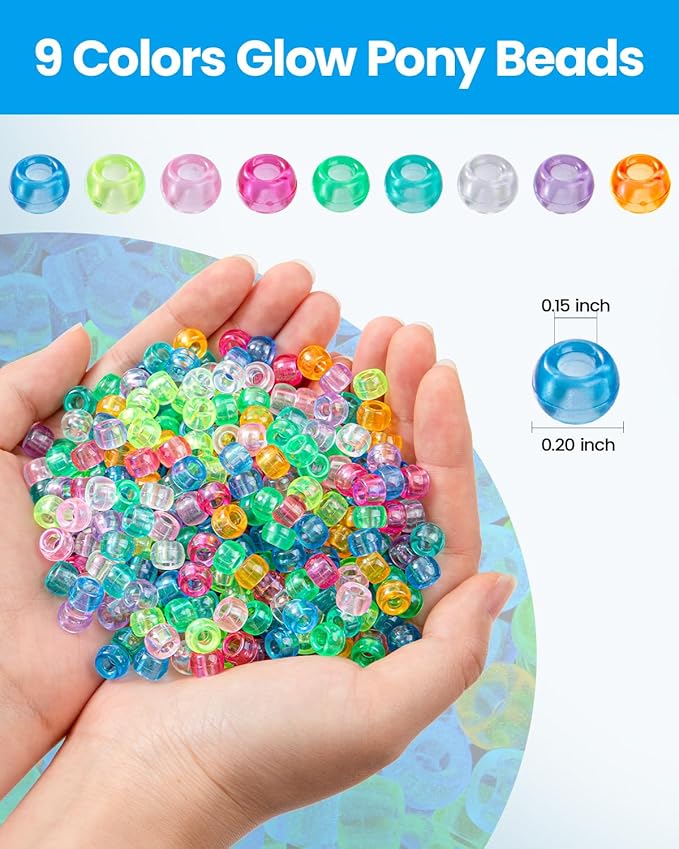 1000Pcs UV Pony Beads, Glow in The Dark, 9 Transparent Colors, Color-Changing Plastic Kandi Beads for Bracelets, Hair Braids, Necklaces, Keychains, Jewelry Making