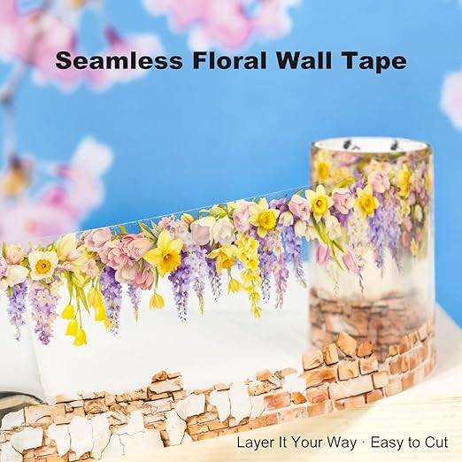 6 Rolls Flower Wall PET Tape Set, Seamless Floral Brick Stone Stickers for Journaling, DIY Crafts, Planner, Scrapbook Supplies with Clip, Waterproof and Decorative