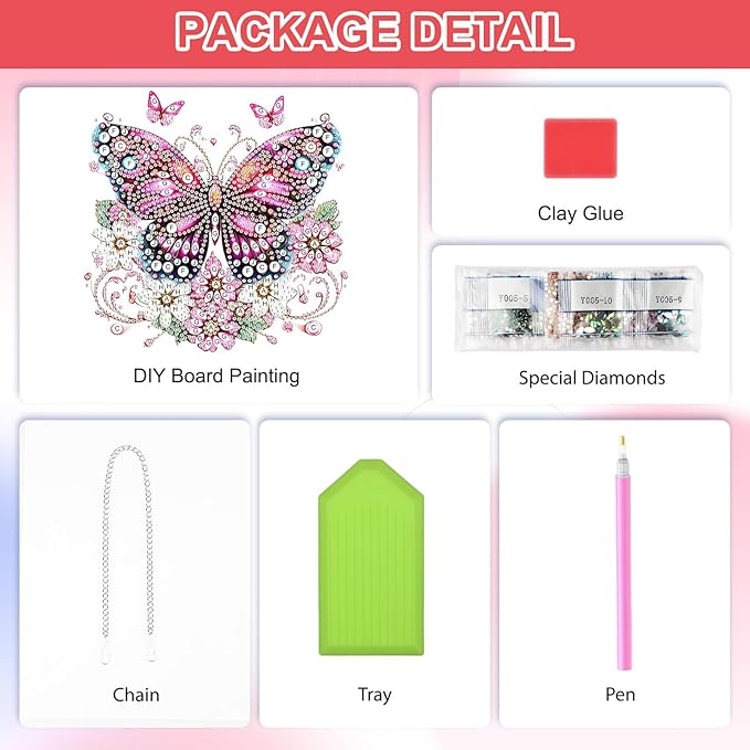 QENSPE Diamond Art Hanging Kits for Adults, 5D Pink Butterfly Special Shape Diamond Paingting Ornaments Kits with Chain, DIY Flowers Crystal Window Pendants for Home Wall Decor Double Sided 8X8 inch