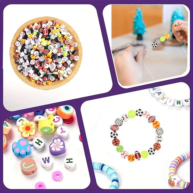 1000PCS Polymer Clay Beads for Bracelet Making, 24 Style Sports Charms incl. Baseball Basketball Soccer Football Rugby Volleyball, DIY Jewelry Making Supplies Kit