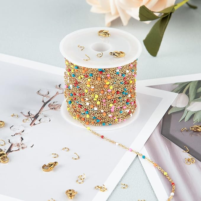 UMAOKANG 33 Feet/10 Meters Colorful Beaded Stainless Steel Jewelry Chains Gold Plated Cable Link Chain for Jewelry Making with 10 Lobster Clasps and 30 Jump Rings