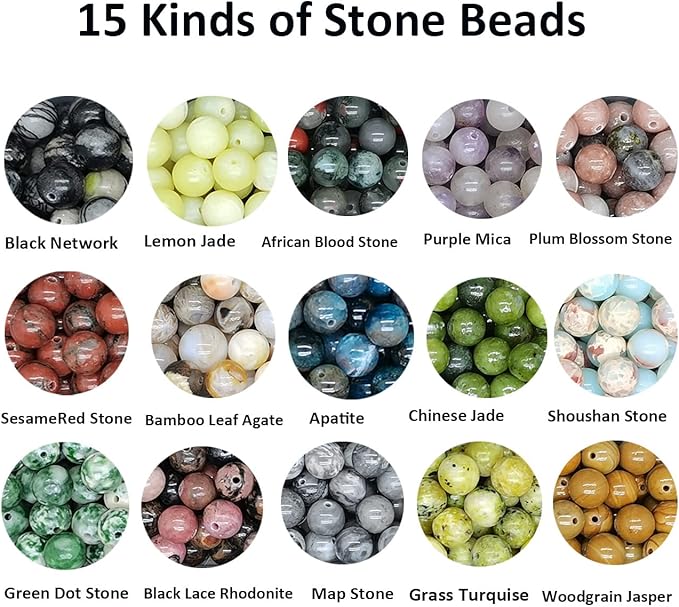 Yephac 450pcs 8mm Natural Round Stone Beads-Loose Gemstone Beading-Hole Size 1mm for Jewelry Making,Box Packed (15 Material-3,8mm)