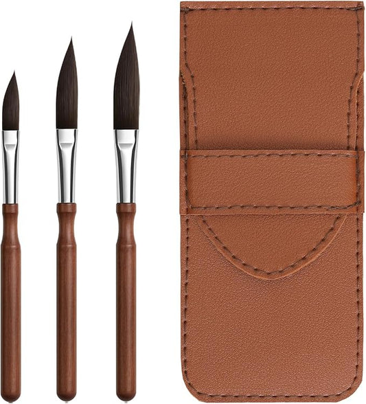 Professional 3pc Dagger Travel Brush Set for Watercolor Pinstriping - Synthetic Squirrel Hair Brushes for Detail, Fine Lines, Acrylic, Ink & Gouache (Short Handle)