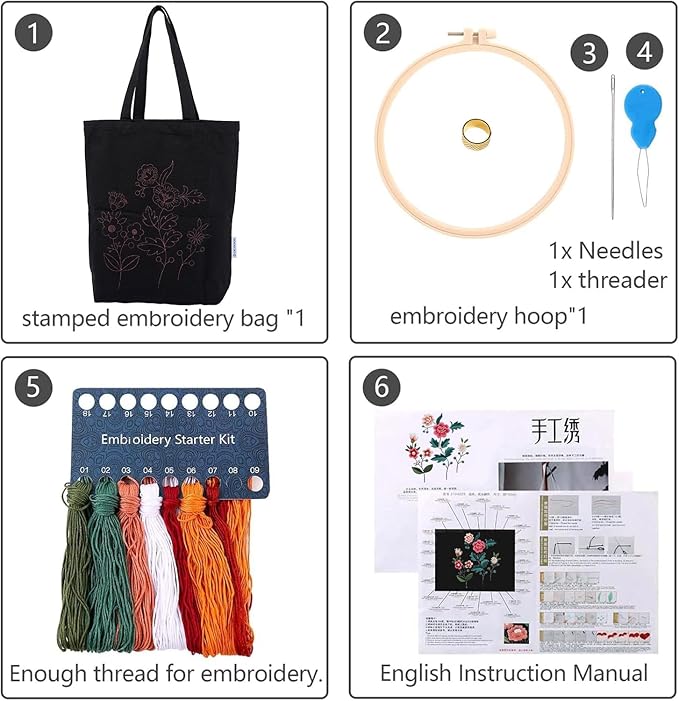 CREAWONDER Canvas Tote Bag Embroidery Kit with Pattern for Beginners, Arts and DIY Embroidery Crafts Kits for Adults, Include Instructions, Thimble, Embroidery Hoops, Color Threads and Tool