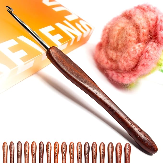 SEVENSUN Mimosa 4mm Single Crochet Hook, Available in 0.6mm-6.5mm, Ergonomic Hand Polished Stainless Steel Inline Pointy Wood Handle Crochet Hook for Arthritic Hands, Mother's Day Gifts for Mom