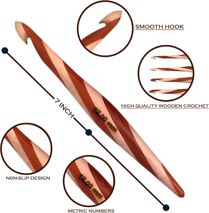 Brainmart Wooden Crochet Hooks, Set of 12 Premium Maple & Red Wood Knitting Hooks, 3.5mm(E) to 12mm(P) with Holder Ergonomic Knitting Needles, Perfect for Knitters & Crocheting