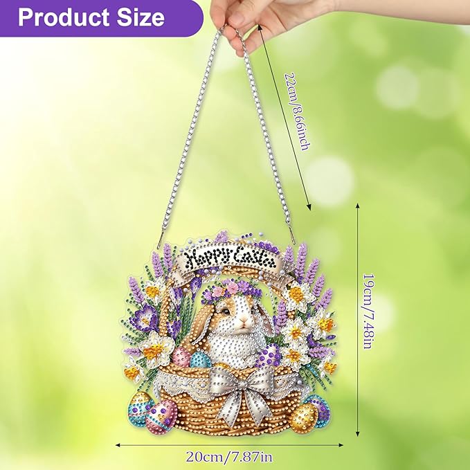 CEOVR Easter Hanging Diamond Art for Adults, Easter Bunny&Egg Diamond Painting Pendant DIY Gem Art Wall Hanging Ornament, Acrylic Home Garden Decor with Chain, Box Kit 7.87×7.48inch