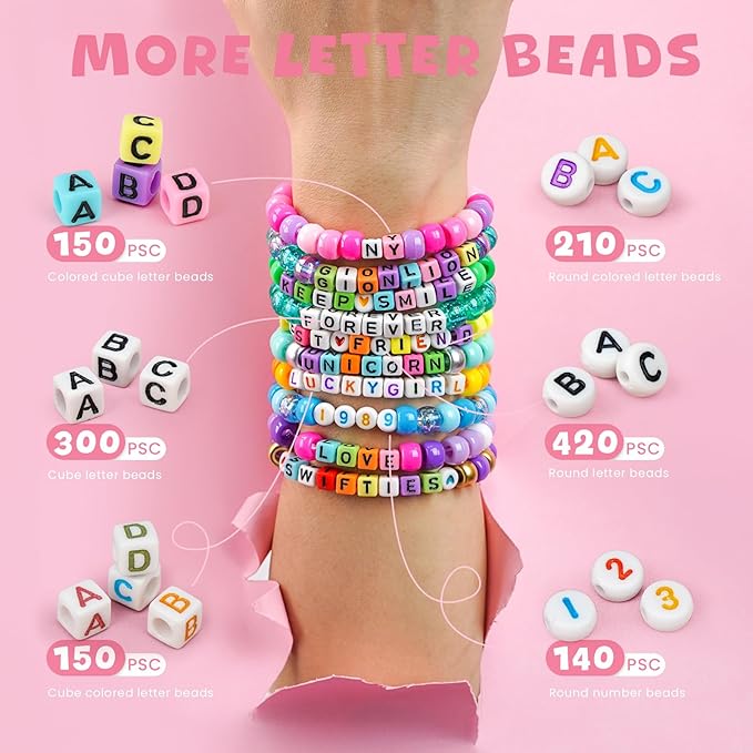 Gionlion 4200Pcs Pony Beads for Bracelet Making Kit, 48 Colors Kandi Beads Bracelet Kit, 2500PCS Rainbow Candy, 1700PCS Friendship Letter Bead with 20 Meter Elastic Strings for Jewelry Making