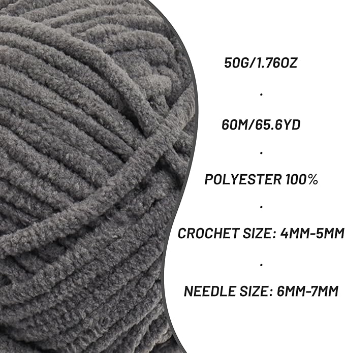 3 Packs Plush Chenille Chunky Crochet Amigurumi Yarn - Baby Yarn for Crocheting Soft - Fluffy Velvet Yarns Knitting for Blankets Crafts 150g / 196.8yds (3 Dark Gray)