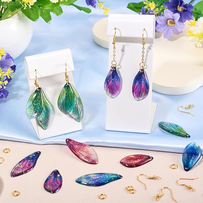 FASHEWELRY 16Pcs Resin Wing Charms Gradient Butterfly Wing Earring Charms Colorful Insect Wings Pendants with Jump Rings Earrings Hooks for DIY Earring Jewelry Making Kits
