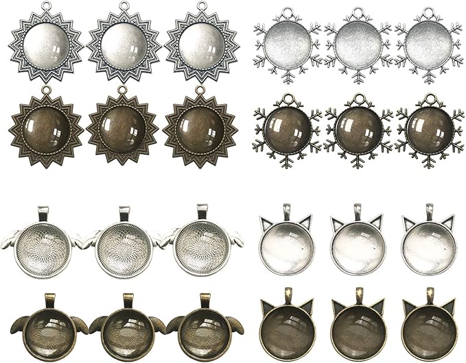 58 PCS Pendant Tray Kit, Seasonsky Pendant Trays Sun, Wing, Cat, Snowflakes with Glass Cabochon Blanks Clear Dome, 10 PCS Pendant Buckle for Photo Pendant Craft