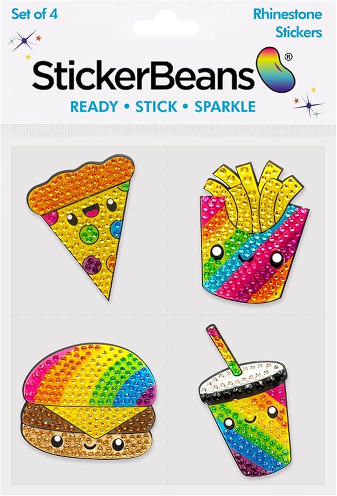 stickerbeans® rhinestone stickers – rainbow foodie 4-pack, 2” x 2” unique sparkly cut-to-shape for collecting, trading, decorating laptops, phone cases, scrapbooks, kids, teens, & adults