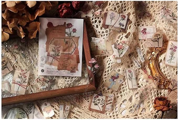 Vintage Pink Rose Scrapbook Stickers, 40Pcs Decorative Retro Adhesive Watercolor Aesthetic for Craft Art Bullet Junk Journal DIY Paper Planner Notebook Collage Album