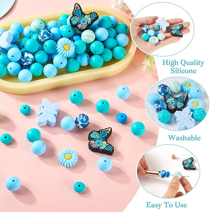96 Pcs Butterfly Silicone Beads for Keychain Blue Silicone Focal Beads for Bracelet Making Rondelle Flower Daisy Bead for Women Jewelry Making DIY Birthday Supplies
