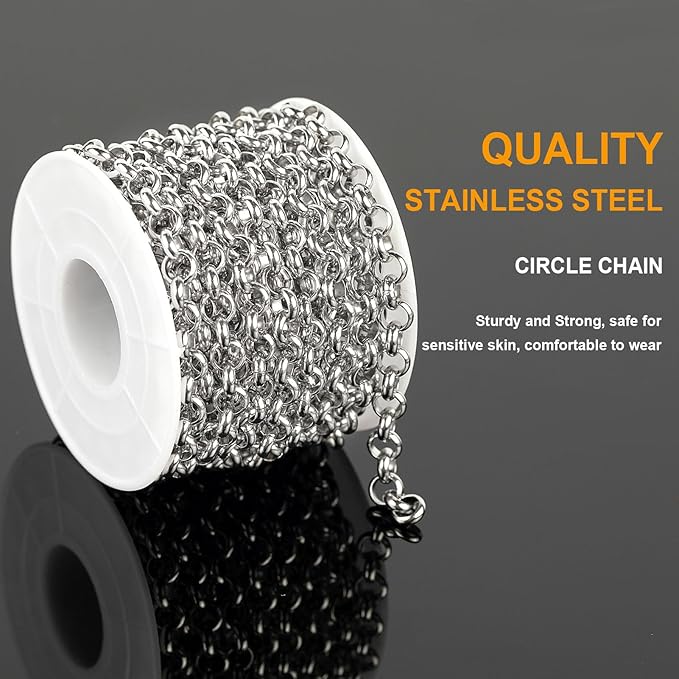 KYUNHOO 4 Meters Circle Link Chain Spool Soldered Stainless Steel Chains for Jewelry Making Charm Chains Bulk for Men DIY Jewelry Craft Finding Jewelry Making Supplies