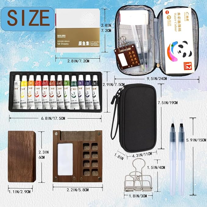 Watercolor Paint Set with Storage Bag Mini Watercolor Paint Kit for Travel Pocket Watercolor Set with 12 Colors Watercolor Painting Art Supplies with Easy Clean Wood palette Unique Creative Gift for Teens,Adults