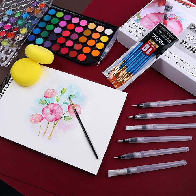 Watercolor Paint Set, 48 Color Watercolor with 10 PCS Nylon Brushes,6 PCS Refillable Water Brush Pen, 10 Page Pad(A4) and 2 PCS Art Sponges. Watercolor Paint set for Adults,Children Age 12+ and Beginners