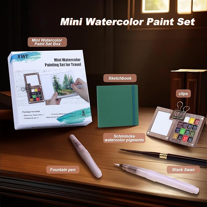 Mini Watercolor Paint Set, Portable Travel Art Kit with Wooden Palette, 15 Colors Pigments, Watercolor Pad, Water Brush Pens and Accessories for Artists