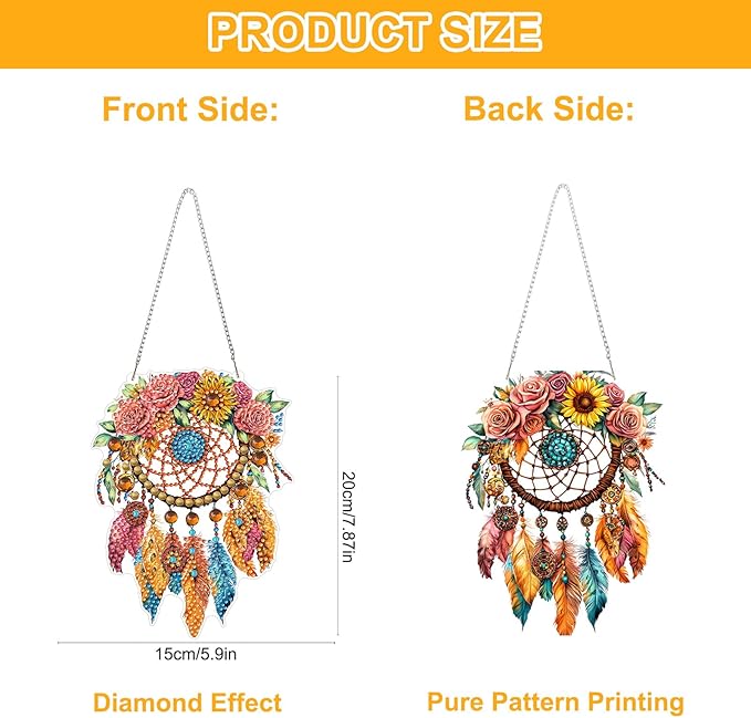 QENSPE Diamond Painting Art Hanging Kits for Adults, 5D Special Shape Diamond Paingting Ornaments with Chain, DIY Dreamcatcher Crystal Window Pendants for Home Wall Decor Double Sided Gifts 8X8 inch