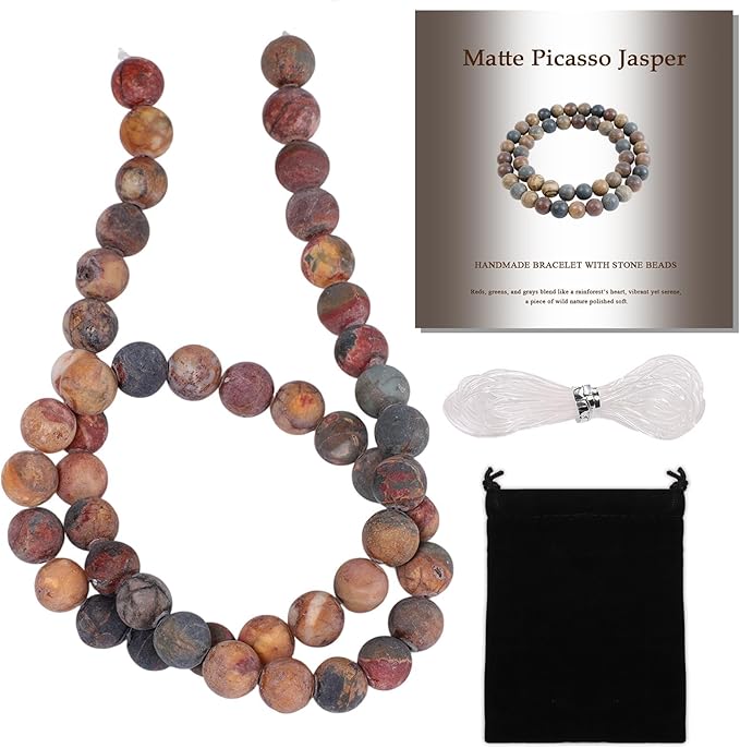 Stone Beads, 45pcs Matte Picasso Jasper, 8mm Round Loose Beads for Jewelry Making, Bracelets, with Bag, String & Card
