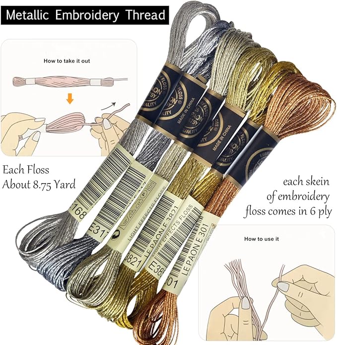 LE PAON Embroidery Floss Metallic Thread (Gold and Silver Series)