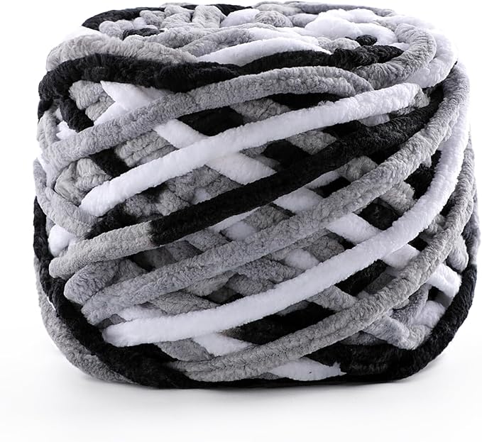 Chunky Chenille Yarn for Crocheting, Fluffy Baby Blanket Yarn for Crochet Sweater Shawl Scarf Gloves, Super Soft Amigurumi Plush Yarn 74 yds/3.5 oz (Black White Grey, 1 Pack)