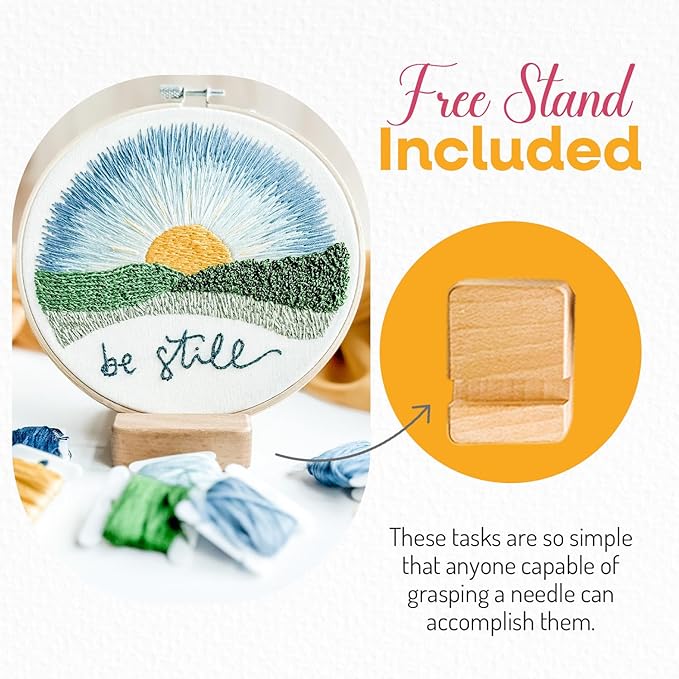 elly & grace christian embroidery kit with embroidery hoop, easy embroidery kit for beginners and adults, full embroidery hoop kit with needles and thread included (be still)