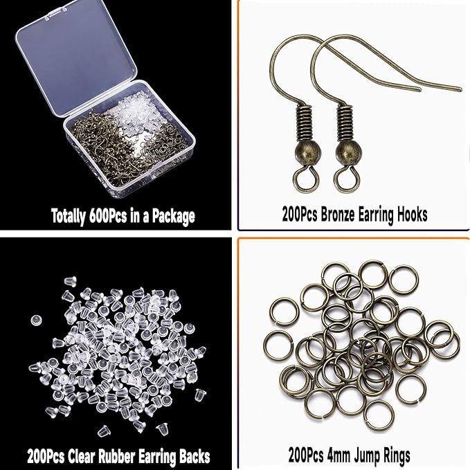 600Pcs Hypoallergenic Earring Hooks, Antique Bronze Earring Making Kit, Supplies with Earring Backs and Jump Rings for Jewelry Making (Bronze)