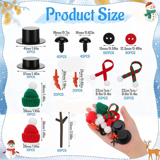 Guiqulai 520 PCS Snowman Craft Kit Snowman Hats for Crafts Christmas Carrot Noses Buttons Mini Black Magician Hats Knit Scarves Trigeminal Hand for Winter Christmas Supplies Decor, Excluding Snowmen