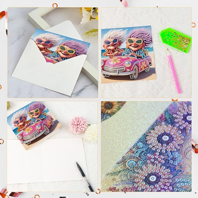6 Pack 5D DIY Diamond Painting Grandma Greeting Card Kit, Diamond Art Christmas Birthday Holiday Greeting Card, Art Crafts Kit Creative Gift with Envelope