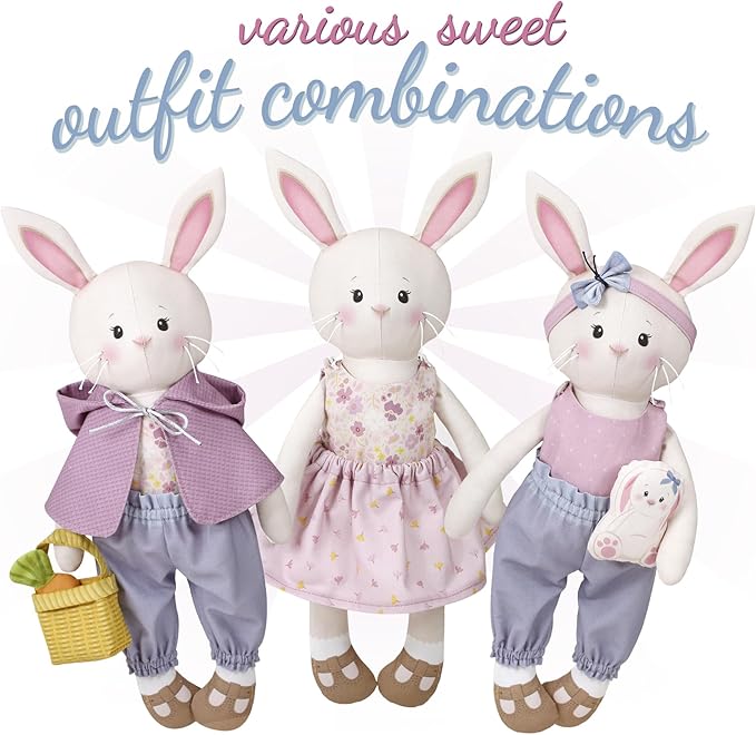 Doll Sewing Panel for Intermediate Skills - with Video Instructions - Cut & Sew Fabric Panel Doll with Clothes: Dress Me Bestie Bibby Bunny