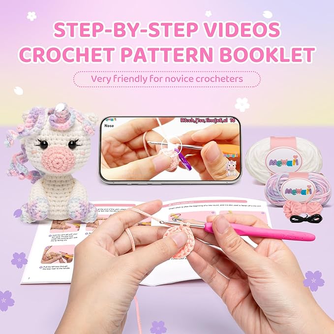 Mewaii Crochet Kit for Beginners Level 2 with 40% Extra Eco-Friendly Pre-Started Easy Yarn, Step-by-Step Video Tutorials for Adults and Kids (Pastel Unicorn)