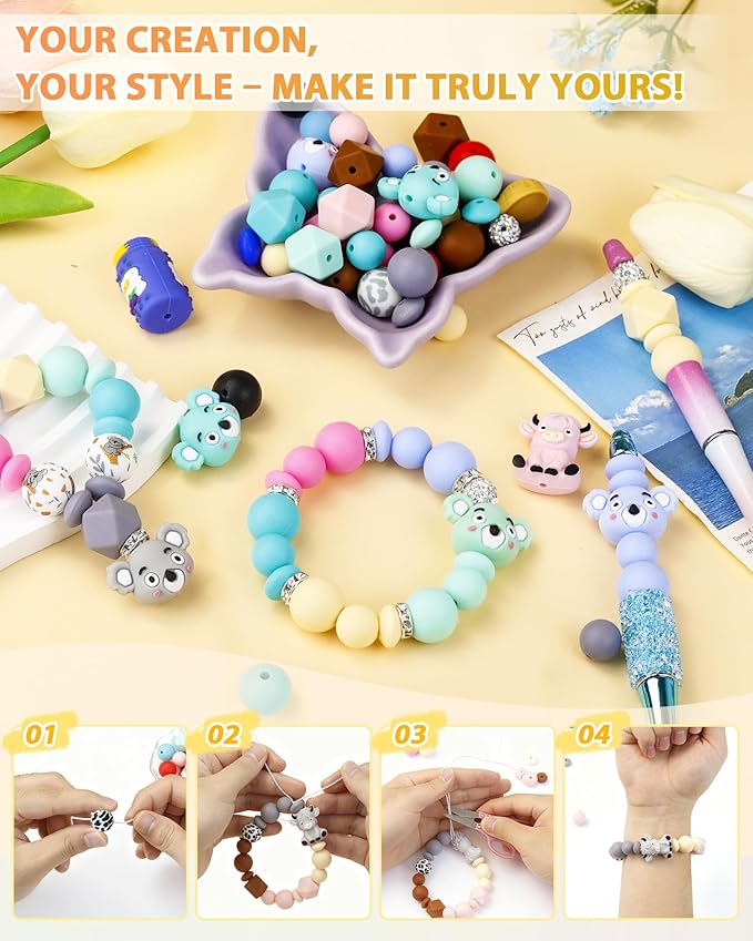 FIVEIZERO 164PCS Silicone Focal Beads for Keychain Making, Lentil, Printed, Rhinestone, Sliver Spacer Beads for Pens, Bracelets & Crafts with Elastic Cord & Scissors(Milk, Peanuts, Jam)