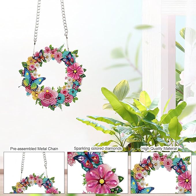 AiYuanzsh 5D DIY Diamond Art Hanging Pendant Kit, Wreath Flower Butterfly Diamond Painting Ornament DIY Special Shaped Crystal Pendant for Door Wall Window Home Xmas Valentine’s Day Gift