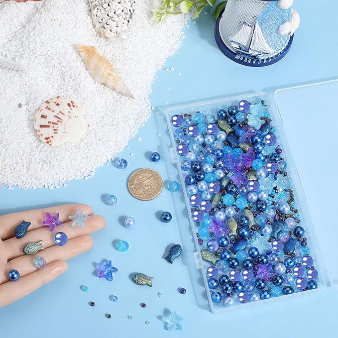SUNNYCLUE 1 Box 540pcs Ocean Beads Kit Glass Summer Fish Starfish Charms Blue Hawaii Sea Animal Charm Glass Seed Beads for Jewelry Making Findings Kits DIY Bracelet Necklace Supplies